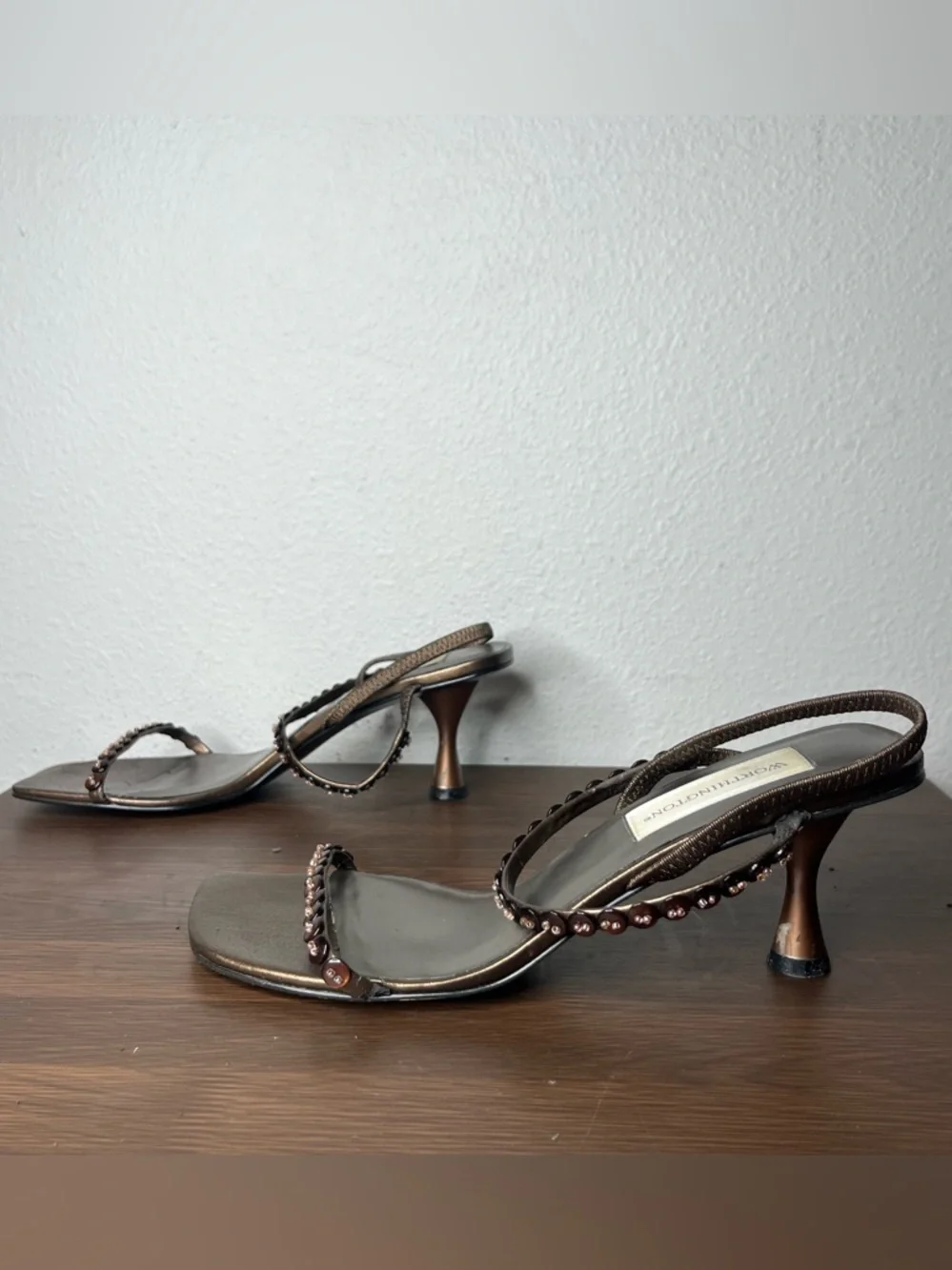 Vintage Brown Bronze Button Embellished Strappy Slingback Kitten Heels - Picture 3 of 10